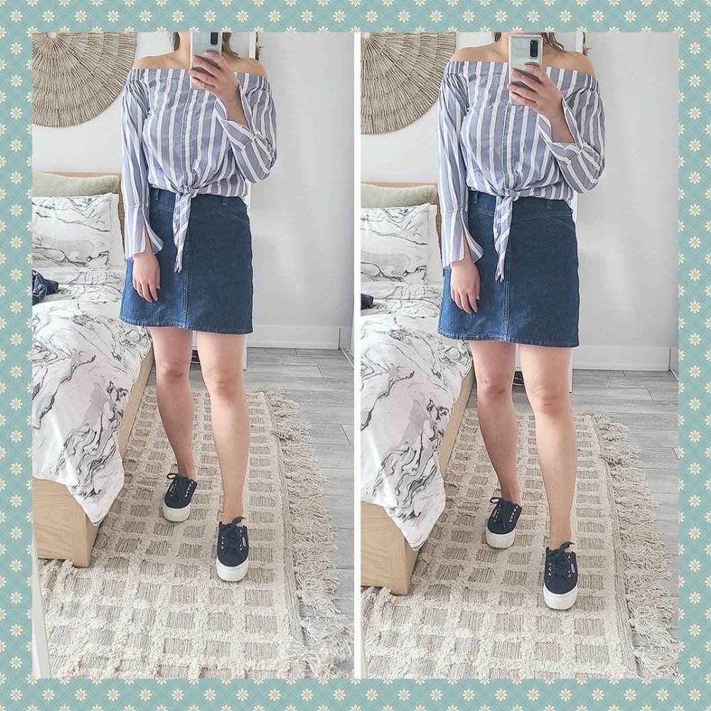 Mango‎ Striped Off-The-Shoulder Shirt